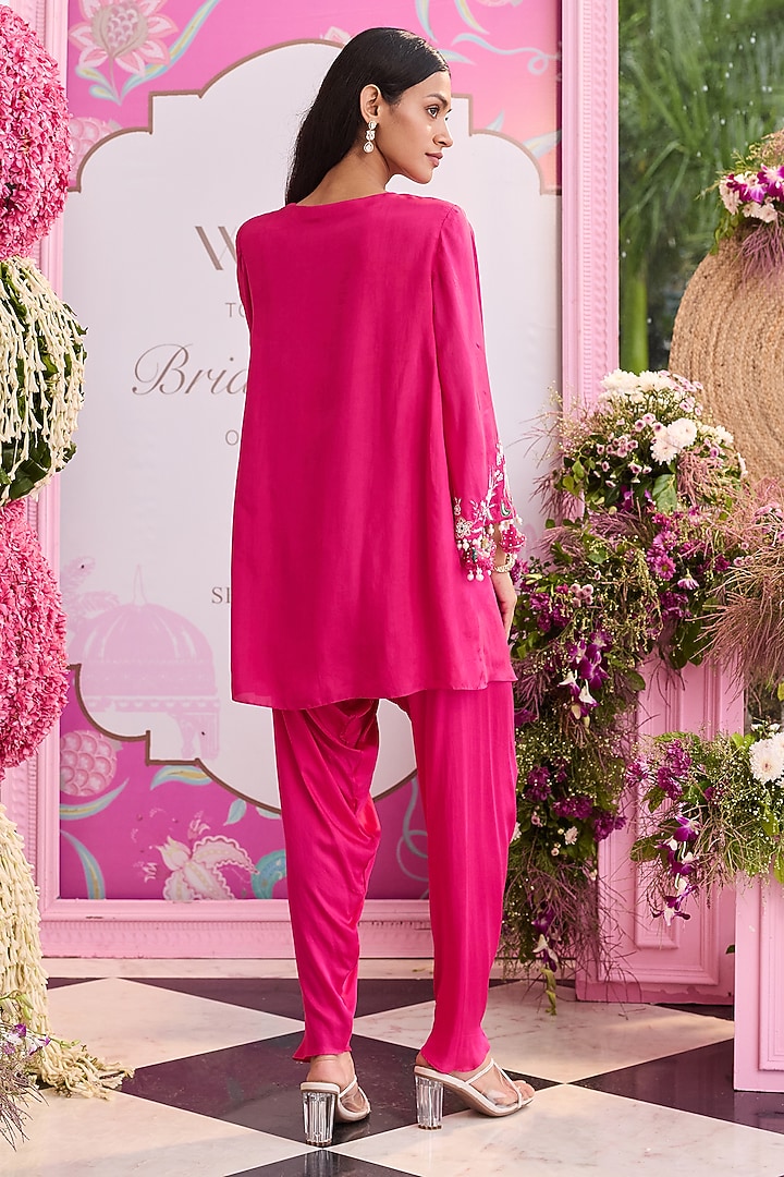 Hot Pink Satin & Organza Embellished Kurta Set by Seema Thukral at Pernia's Pop Up Shop