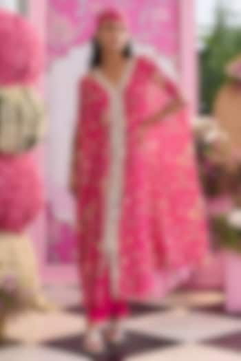 Hot Pink Georgette & Habutai Silk Embellished Kaftan Set by Seema Thukral at Pernia's Pop Up Shop