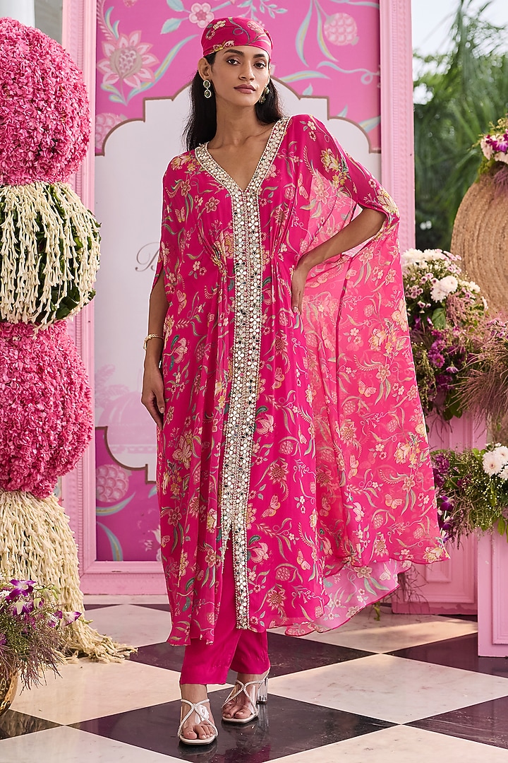 Hot Pink Georgette & Habutai Silk Embellished Kaftan Set by Seema Thukral at Pernia's Pop Up Shop