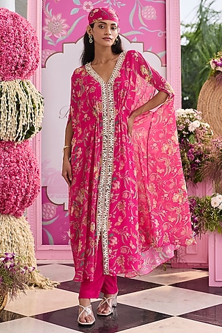 Hot Pink Georgette & Habutai Silk Embellished Kaftan Set by Seema Thukral