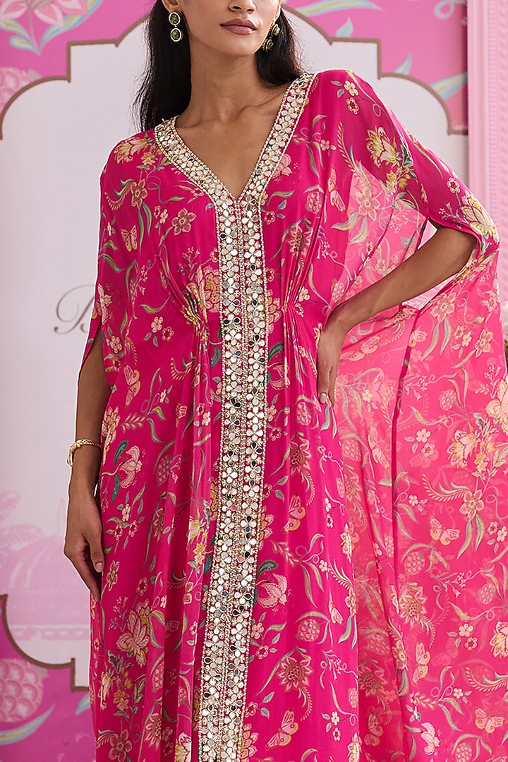 Hot Pink Georgette & Habutai Silk Embellished Kaftan Set by Seema Thukral at Pernia's Pop Up Shop