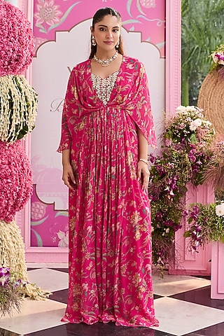 Hot Pink Georgette Printed & Embellished Dress by Seema Thukral