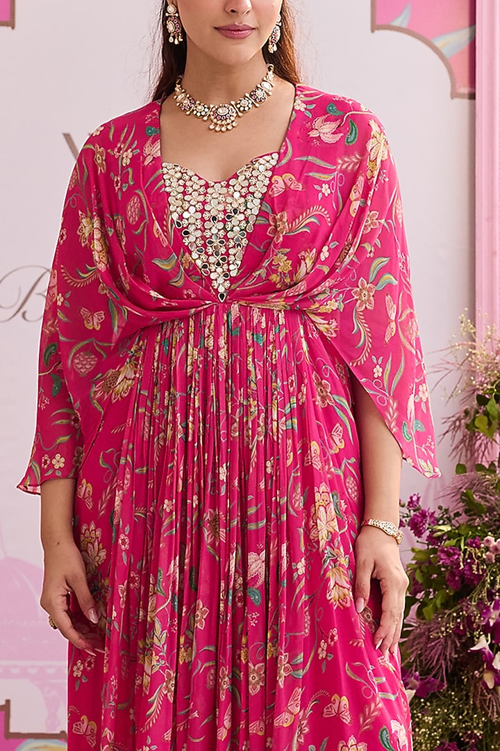 Hot Pink Georgette Printed & Embellished Vacation Dress by Seema Thukral at Pernia's Pop Up Shop