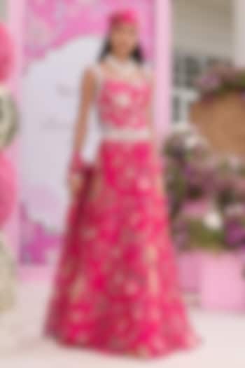 Hot Pink Georgette Printed & Embellished Wedding Lehenga Set by Seema Thukral at Pernia's Pop Up Shop