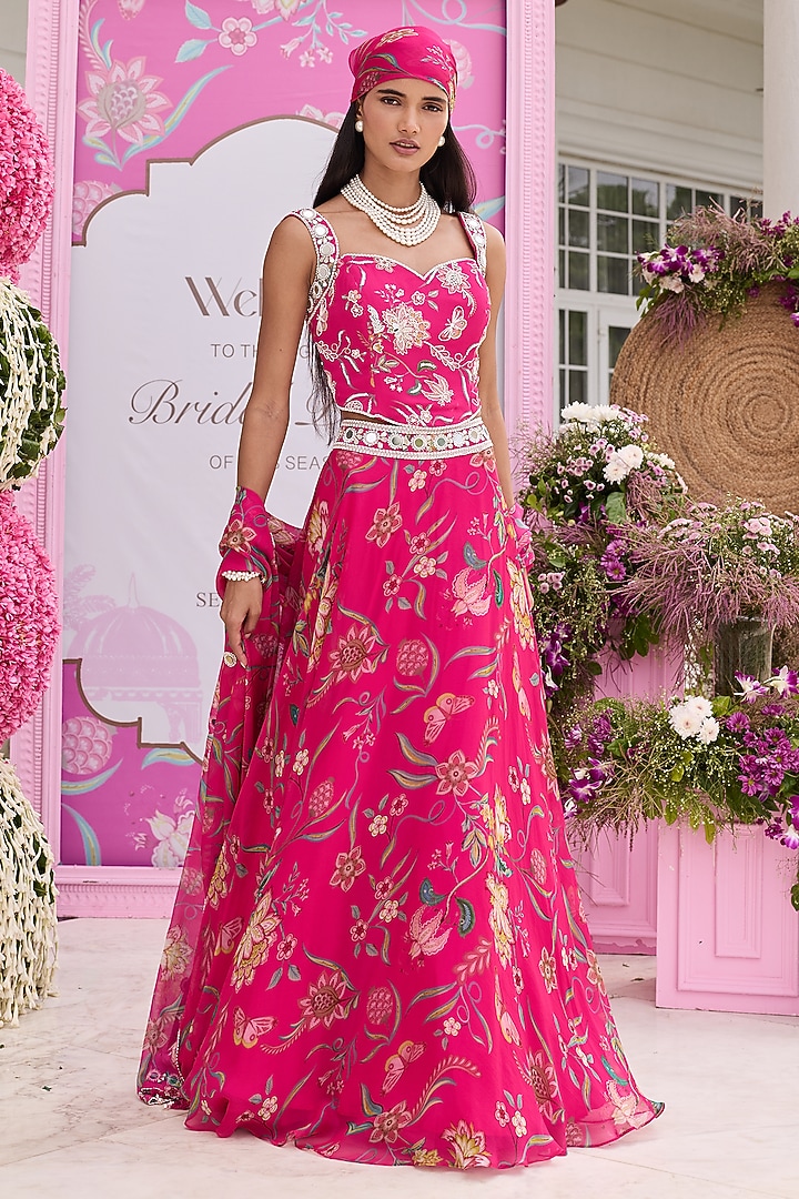 Hot Pink Georgette Printed & Embellished Wedding Lehenga Set by Seema Thukral at Pernia's Pop Up Shop