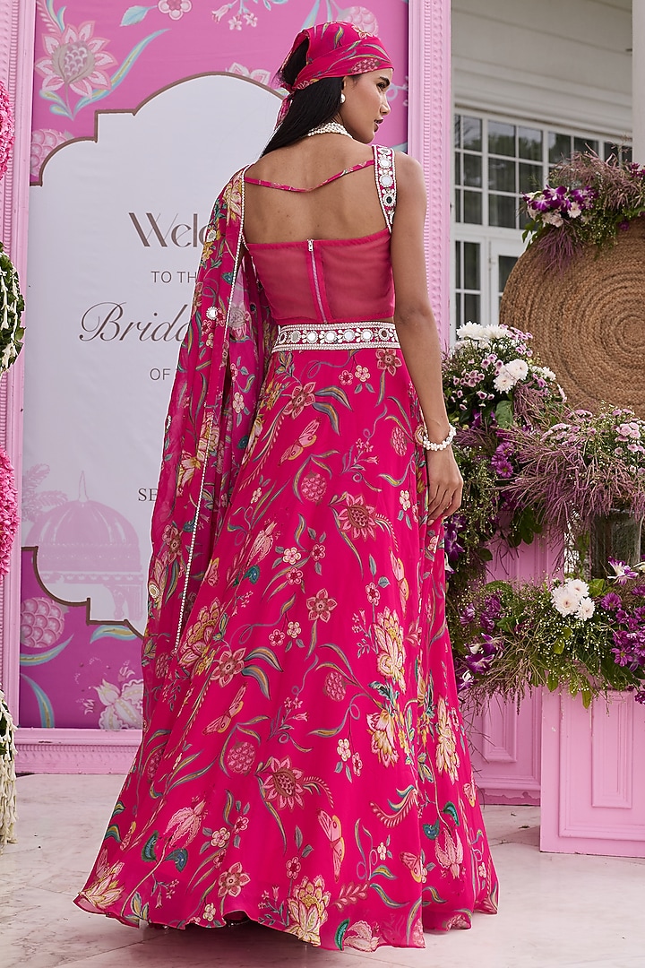 Hot Pink Georgette Printed & Embellished Wedding Lehenga Set by Seema Thukral at Pernia's Pop Up Shop