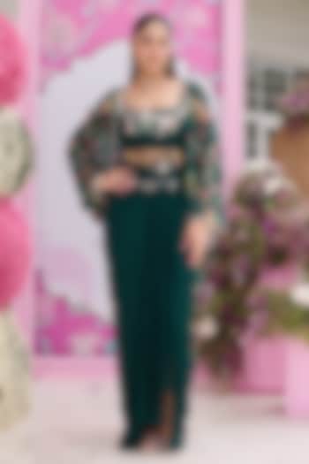 Emerald Green Organza Printed & Embellished Cape Set by Seema Thukral at Pernia's Pop Up Shop
