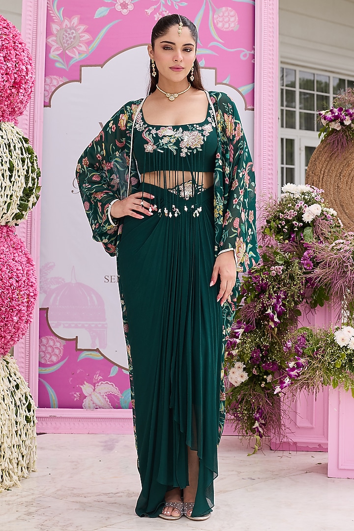 Emerald Green Organza Printed & Embellished Cape Set by Seema Thukral at Pernia's Pop Up Shop
