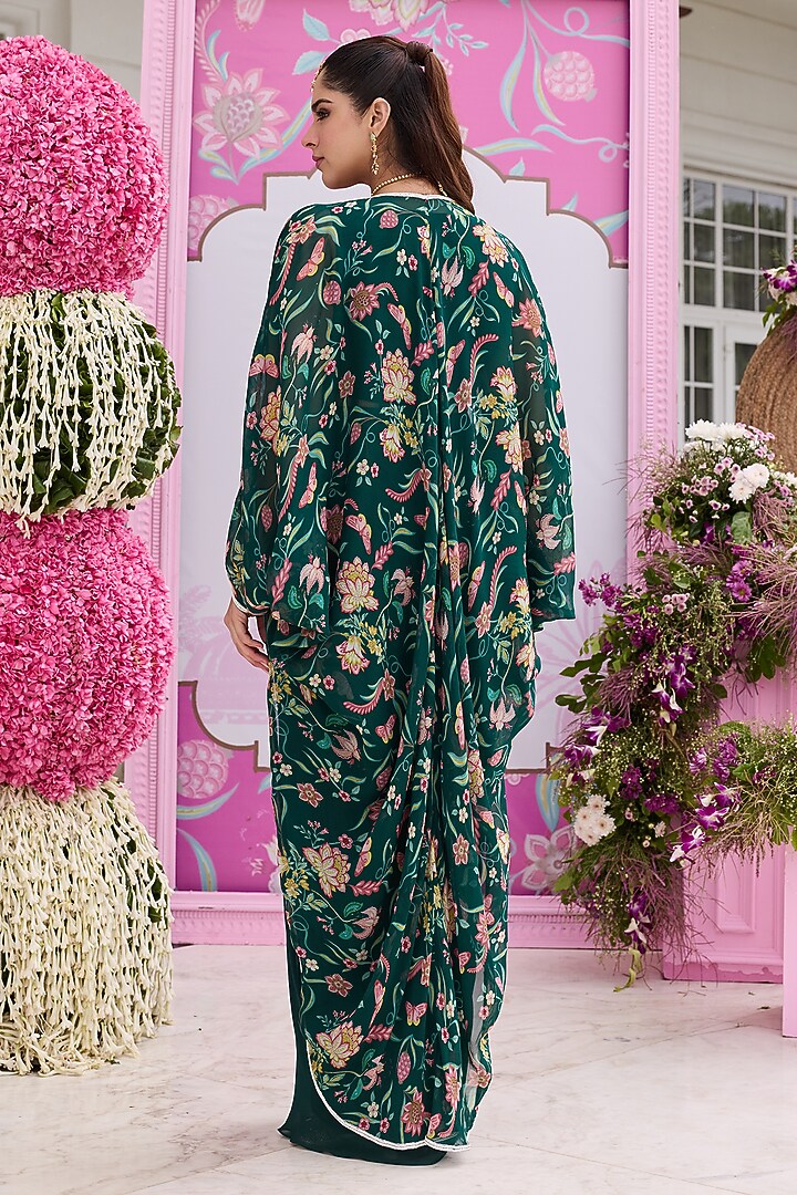 Emerald Green Organza Printed & Embellished Cape Set by Seema Thukral at Pernia's Pop Up Shop