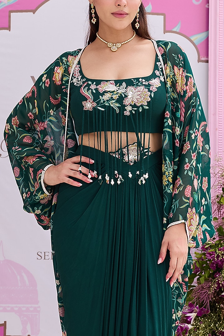 Emerald Green Organza Printed & Embellished Cape Set by Seema Thukral at Pernia's Pop Up Shop
