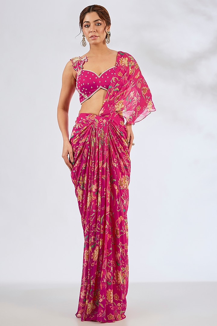 Hot Pink Georgette Printed Concept Wedding Saree Set by Seema Thukral at Pernia's Pop Up Shop