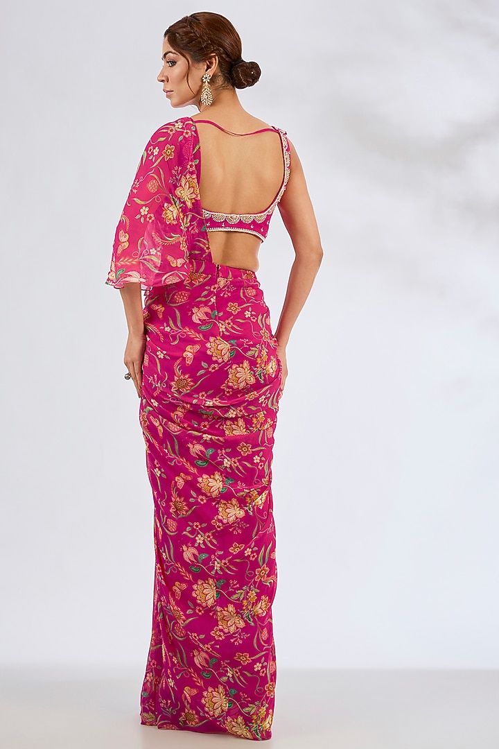 Hot Pink Georgette Printed Concept Wedding Saree Set by Seema Thukral at Pernia's Pop Up Shop