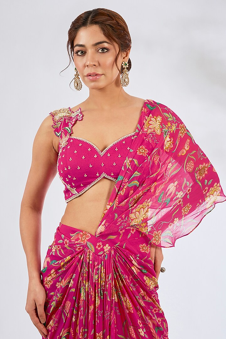 Hot Pink Georgette Printed Concept Wedding Saree Set by Seema Thukral at Pernia's Pop Up Shop