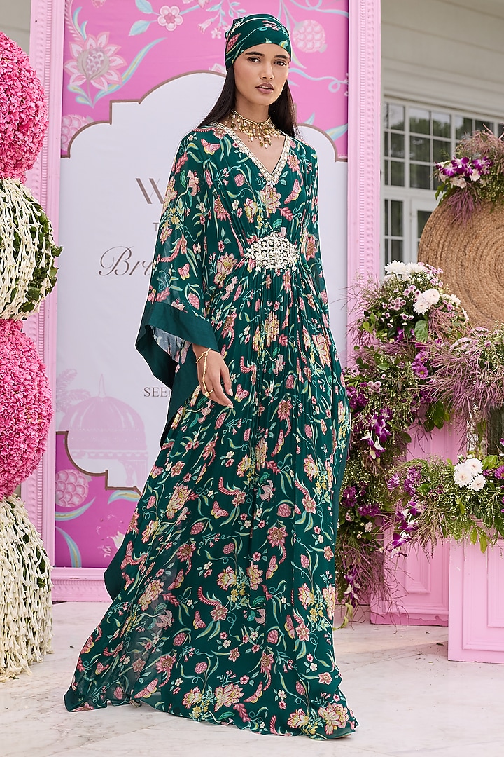 Emerald Green Georgette Printed Kaftan by Seema Thukral at Pernia's Pop Up Shop