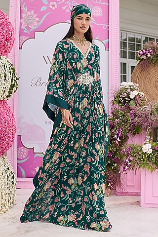 Emerald Green Georgette Printed Kaftan by Seema Thukral