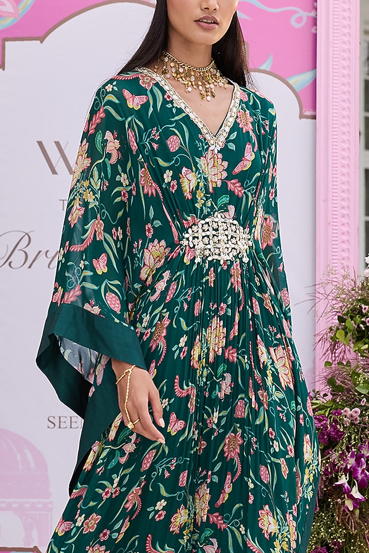 Emerald Green Georgette Printed Kaftan by Seema Thukral at Pernia's Pop Up Shop