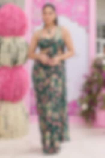 Emerald Green Georgette Printed & Embellished Pre-Stitched Party Wear Saree Set by Seema Thukral at Pernia's Pop Up Shop