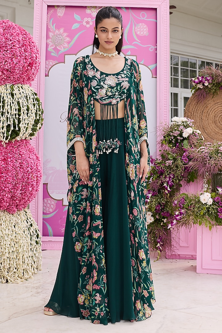 Emerald Green Georgette Wedding Sharara Set by Seema Thukral at Pernia's Pop Up Shop
