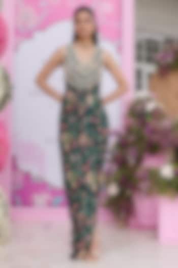 Emerald Green Georgette Printed & Embellished Cocktail Dress by Seema Thukral at Pernia's Pop Up Shop