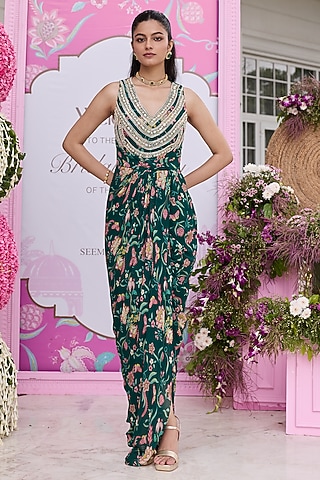 Emerald Green Georgette Printed & Embellished Dress by Seema Thukral