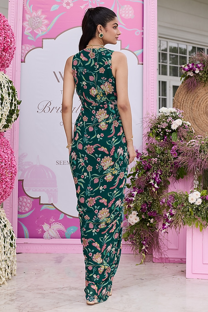 Emerald Green Georgette Printed & Embellished Cocktail Dress by Seema Thukral at Pernia's Pop Up Shop