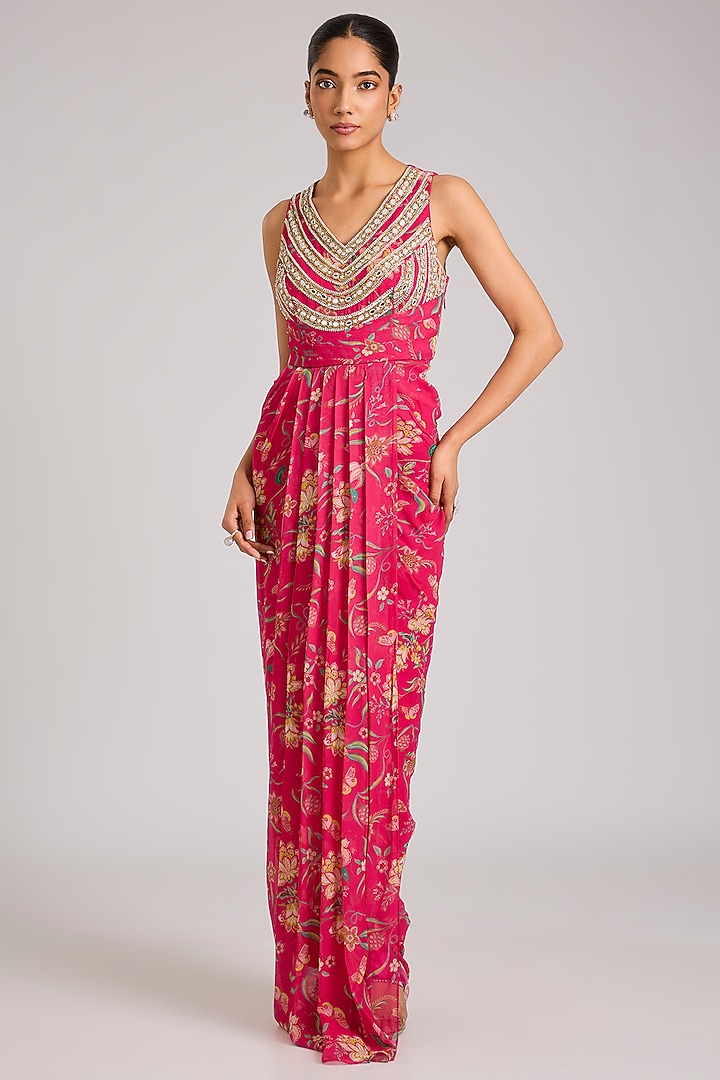 Multi-Colored Georgette Printed & Embellished Draped Cocktail Dress by Seema Thukral at Pernia's Pop Up Shop