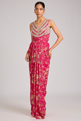 Multi-Colored Georgette Printed & Embellished Draped Dress by Seema Thukral