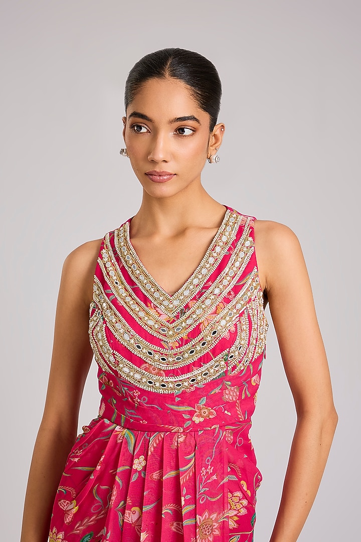 Multi-Colored Georgette Printed & Embellished Draped Cocktail Dress by Seema Thukral at Pernia's Pop Up Shop