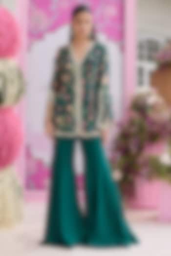 Emerald Green Georgette Printed & Embellished Jacket Set by Seema Thukral at Pernia's Pop Up Shop