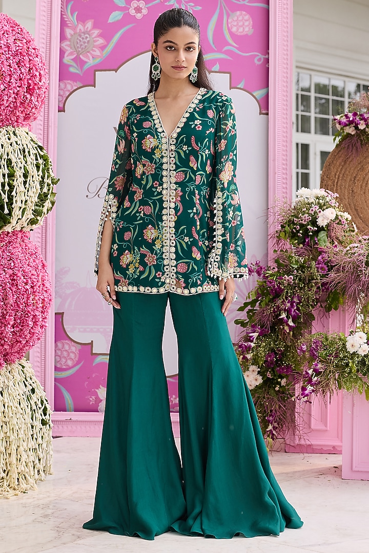 Emerald Green Georgette Printed & Embellished Jacket Set by Seema Thukral at Pernia's Pop Up Shop