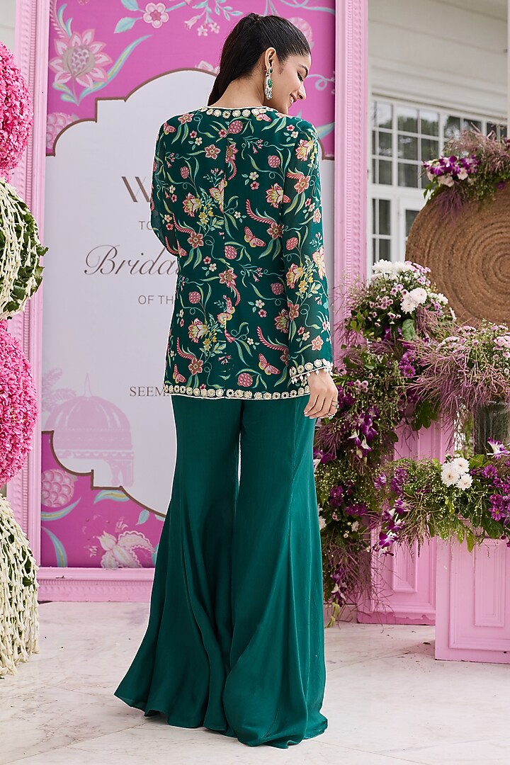 Emerald Green Georgette Printed & Embellished Jacket Set by Seema Thukral at Pernia's Pop Up Shop