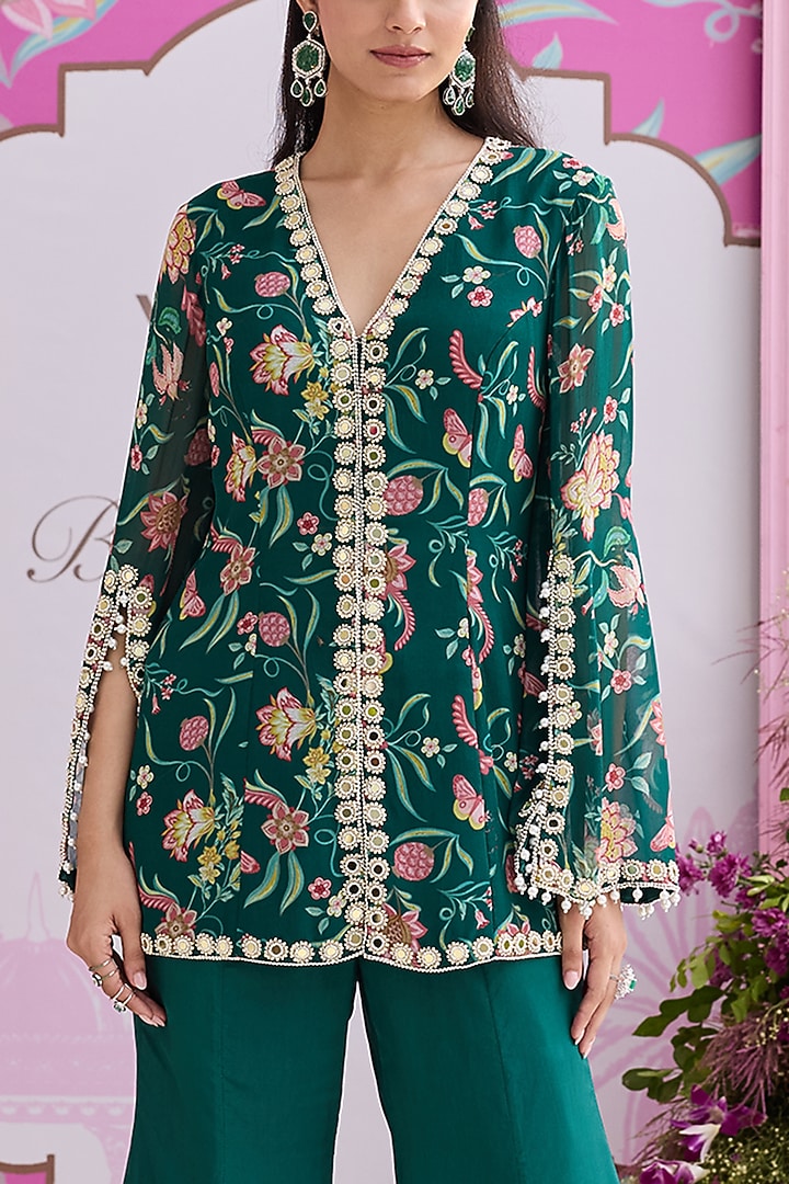 Emerald Green Georgette Printed & Embellished Jacket Set by Seema Thukral at Pernia's Pop Up Shop