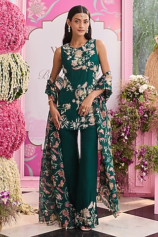 Emerald Green Georgette & Organza Embellished Kurta Set by Seema Thukral