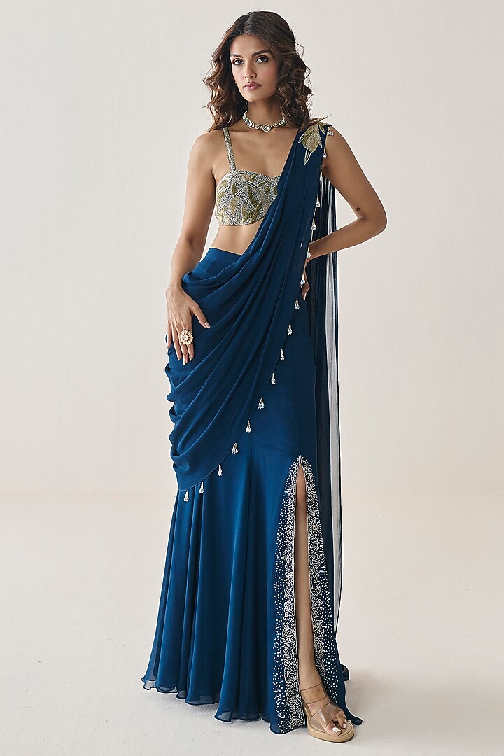 Midnight Blue Georgette Skirt Wedding Saree Set by Seema Thukral at Pernia's Pop Up Shop