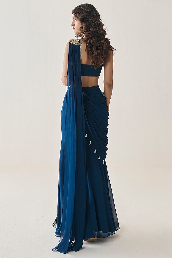 Midnight Blue Georgette Skirt Wedding Saree Set by Seema Thukral at Pernia's Pop Up Shop