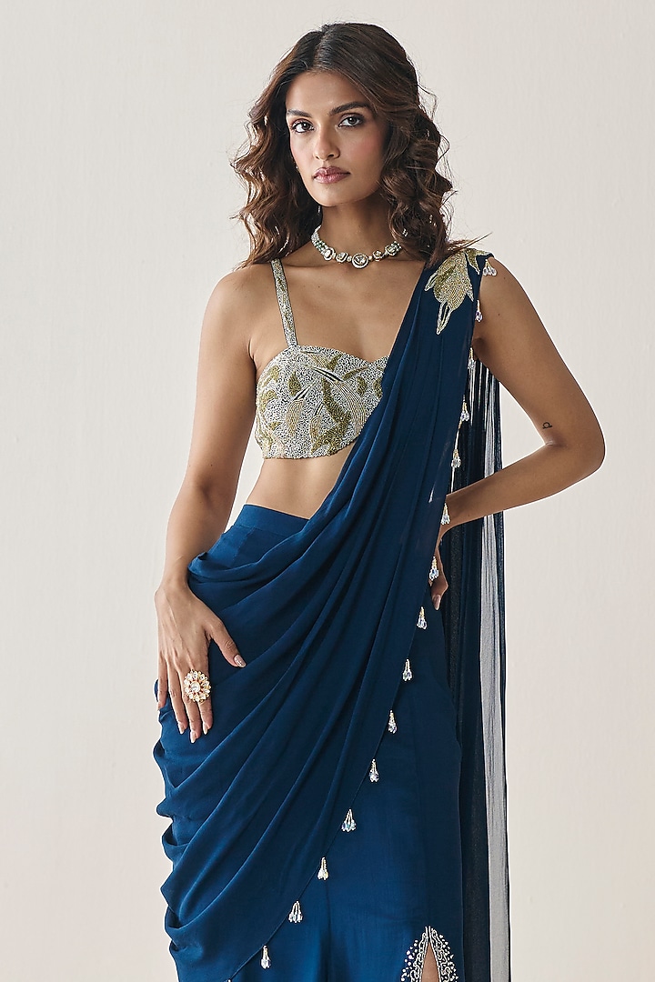 Midnight Blue Georgette Skirt Wedding Saree Set by Seema Thukral at Pernia's Pop Up Shop