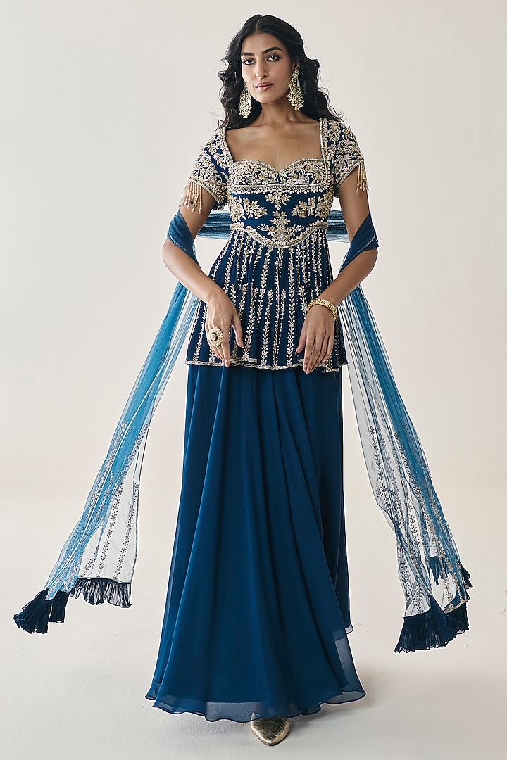 Midnight Blue Georgette Wedding Sharara Set by Seema Thukral at Pernia's Pop Up Shop