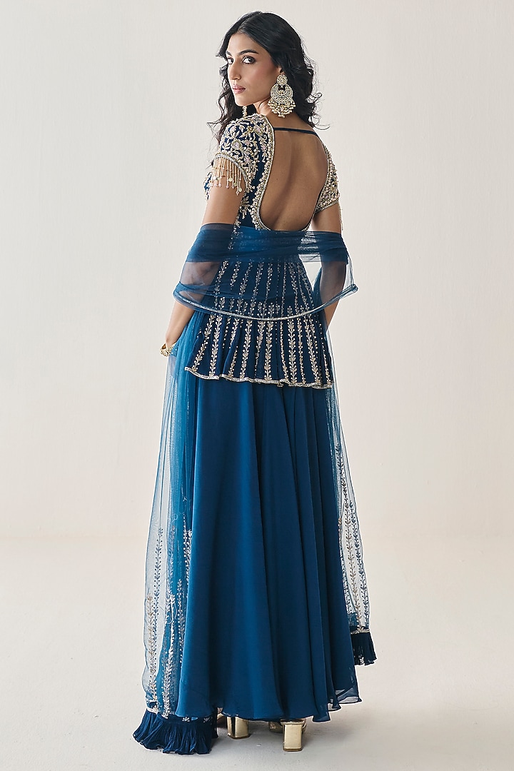 Midnight Blue Georgette Wedding Sharara Set by Seema Thukral at Pernia's Pop Up Shop