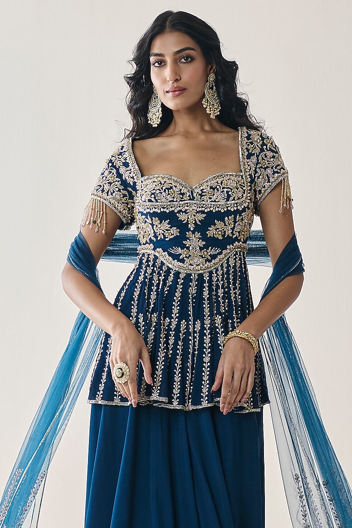 Midnight Blue Georgette Wedding Sharara Set by Seema Thukral at Pernia's Pop Up Shop