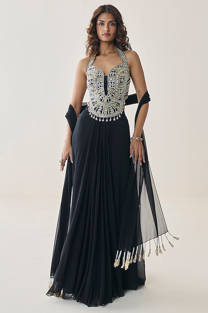 Black Georgette Draped Skirt Set by Seema Thukral at Pernia's Pop Up Shop