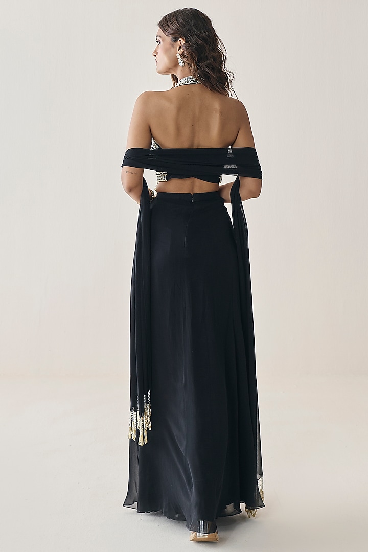 Black Georgette Draped Skirt Set by Seema Thukral at Pernia's Pop Up Shop
