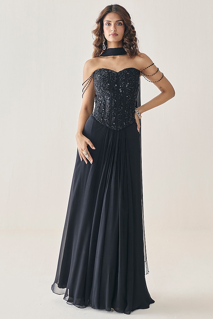 Black Georgette Draped Skirt Set by Seema Thukral at Pernia's Pop Up Shop