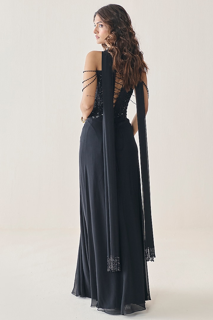 Black Georgette Draped Skirt Set by Seema Thukral at Pernia's Pop Up Shop
