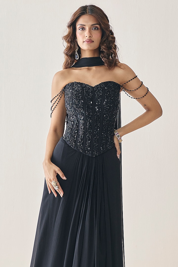 Black Georgette Draped Skirt Set by Seema Thukral at Pernia's Pop Up Shop