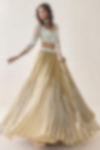 Gold Georgette Aari Hand Embellished Wedding Lehenga Set by Seema Thukral at Pernia's Pop Up Shop