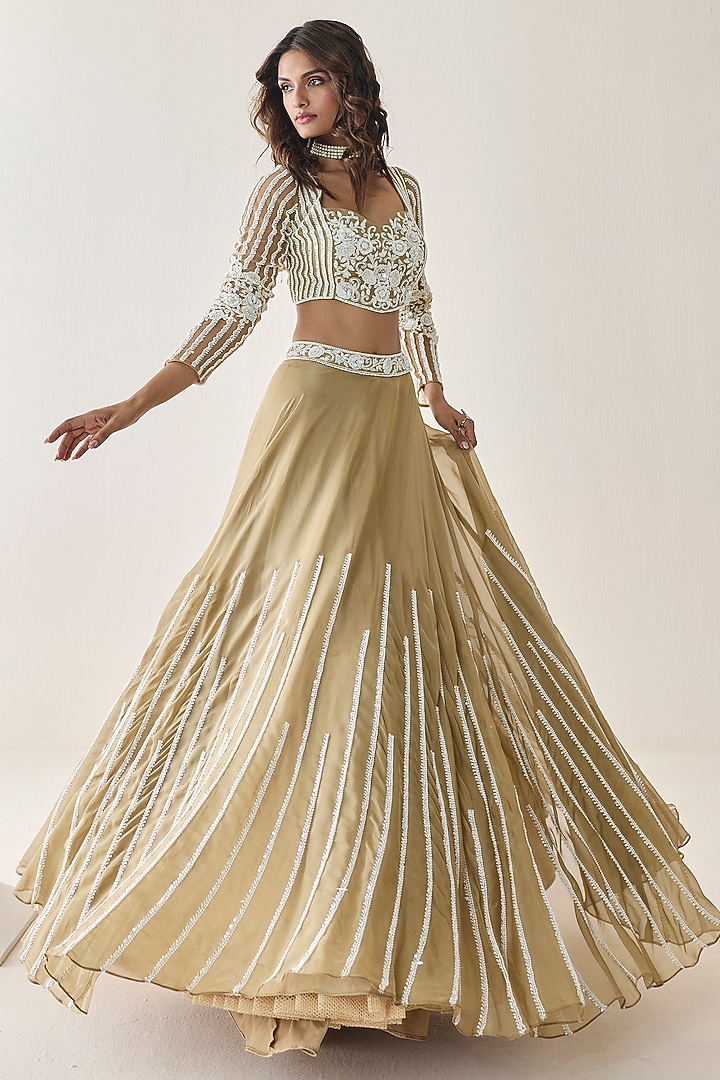 Gold Georgette Aari Hand Embellished Wedding Lehenga Set by Seema Thukral at Pernia's Pop Up Shop