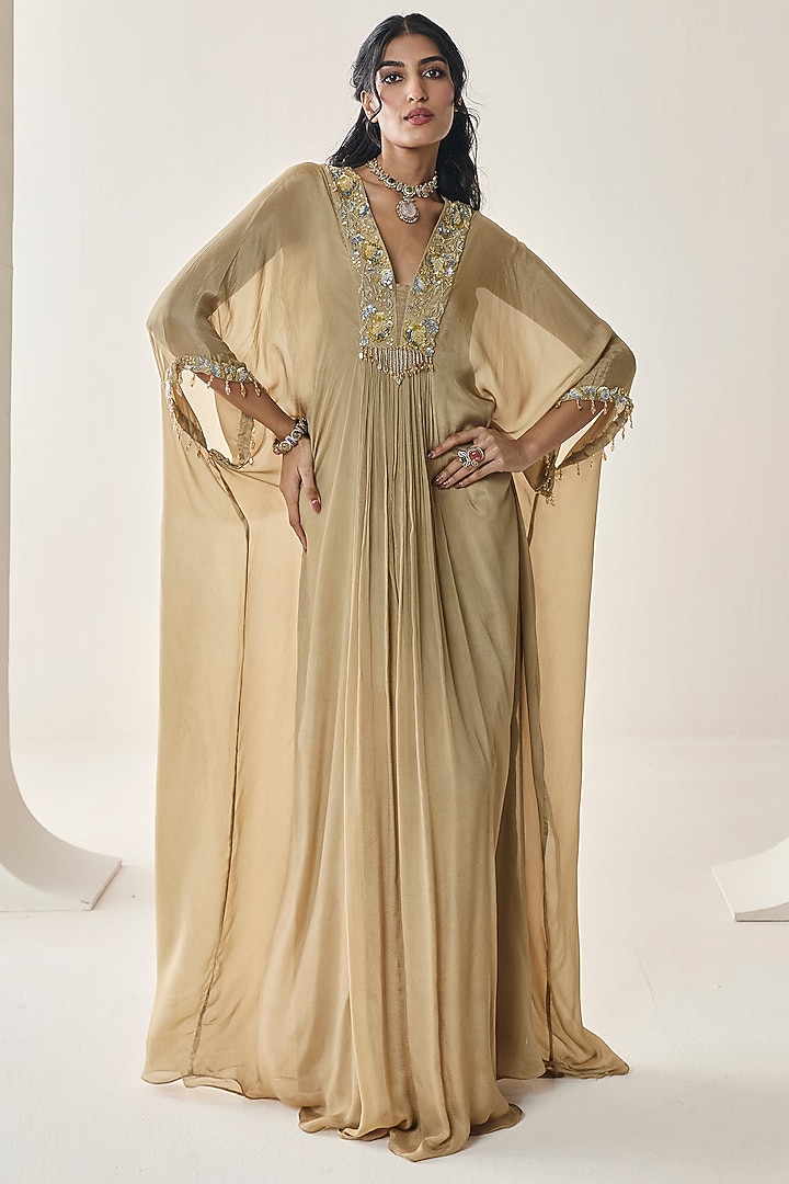 Gold Chiffon Aari Hand Embellished Kaftan by Seema Thukral at Pernia's Pop Up Shop