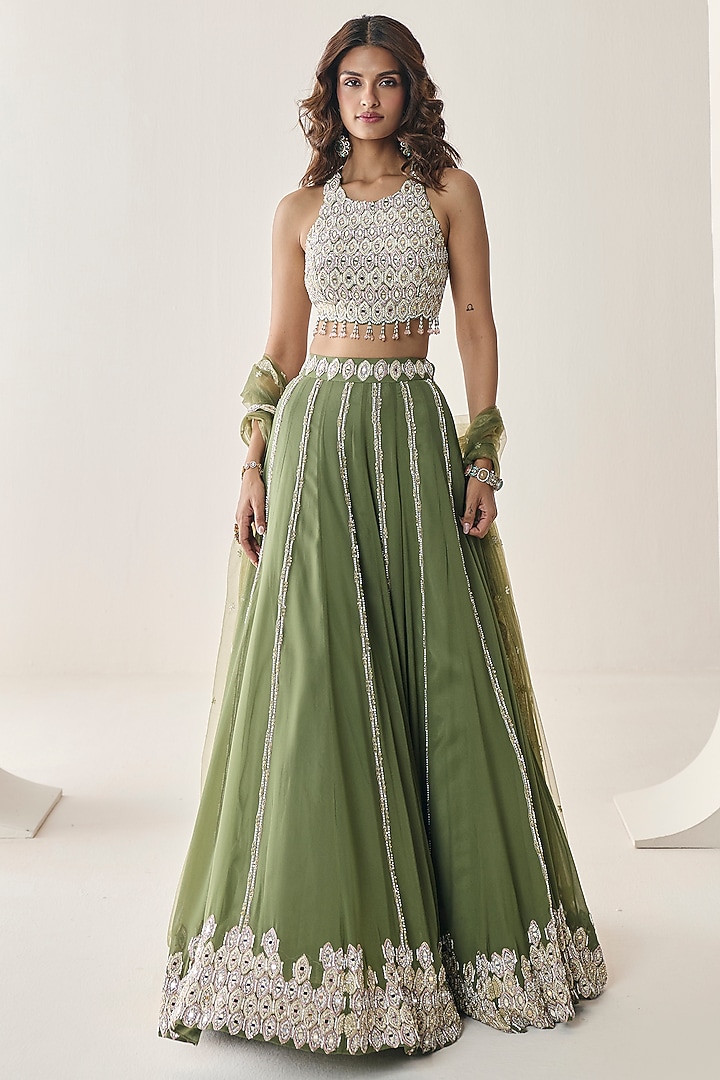 Mehendi Green Georgette Aari Hand Embellished Wedding Lehenga Set by Seema Thukral at Pernia's Pop Up Shop