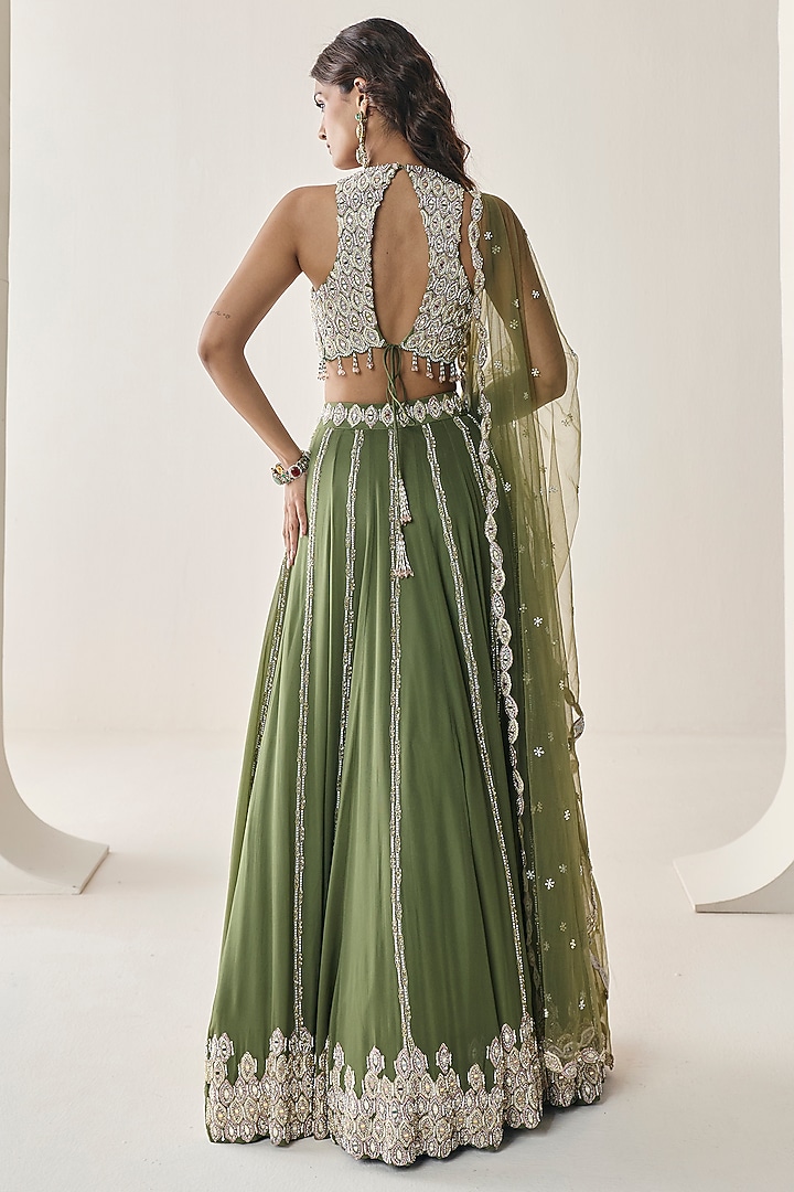 Mehendi Green Georgette Aari Hand Embellished Wedding Lehenga Set by Seema Thukral at Pernia's Pop Up Shop