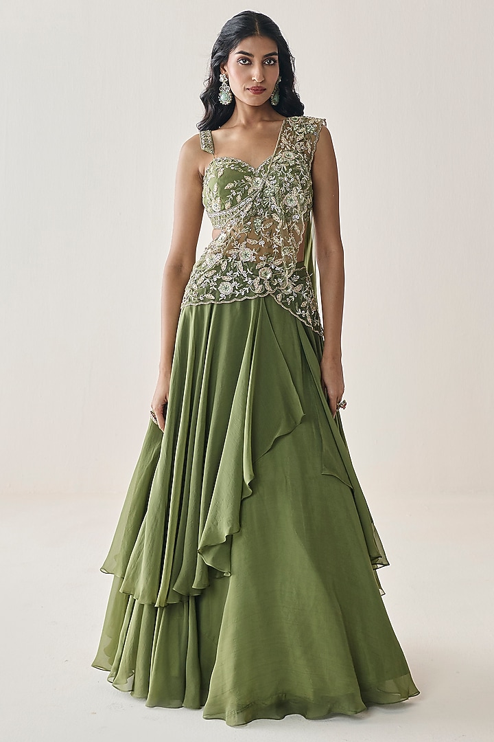 Mehendi Green Georgette Aari Hand Embellished Wedding Lehenga Saree Set by Seema Thukral at Pernia's Pop Up Shop
